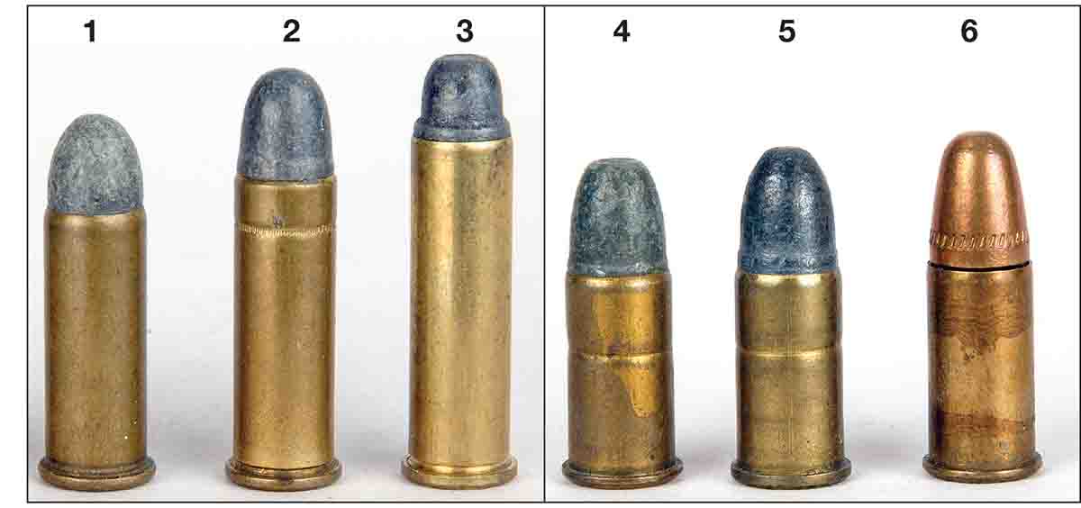 The .38 Special (2) is merely the .38 Long Colt (1) made even longer, and the .357 Magnum (3) is longer than both. Sample factory loads include the .38 Colt New Police (4), the .38 S&W (5) and the British .38/200 (6). All three can be fired from the same revolvers.